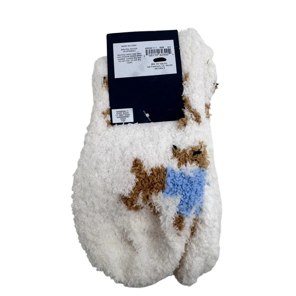 Gap Women Cozy Socks One Size White Tan Blue Dog‎ Print Fuzzy Warm Sleepwear